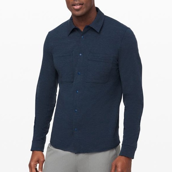 Lululemon Mens Compatibility Long Sleeve Snap Front Shirt In Navy Blue Size L - Picture 1 of 7